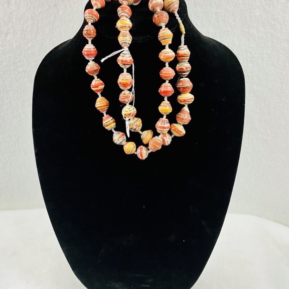 Handcrafted Rolled Paper Bead Necklace Orange Yellow Artisan Boho 28" - Picture 5 of 5